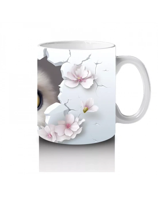 Beyaz Çiçekli Fon Üzerinde Parlak Gözlü Baykuş – Baskılı Kahve Kupası