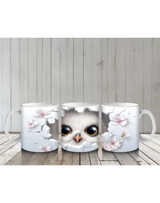 Beyaz Çiçekli Fon Üzerinde Parlak Gözlü Baykuş – Baskılı Kahve Kupası