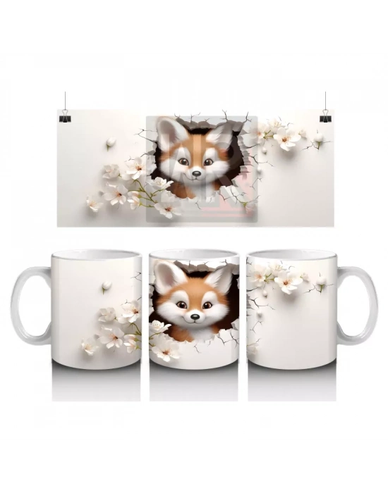 Beyaz Çiçekli Fon Üzerinde Sevimli Tilki – Baskılı Kahve Kupası