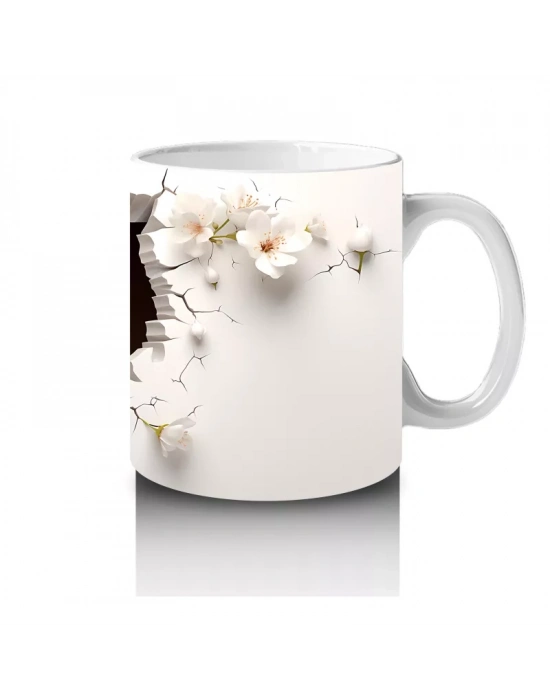 Beyaz Çiçekli Fon Üzerinde Sevimli Tilki – Baskılı Kahve Kupası