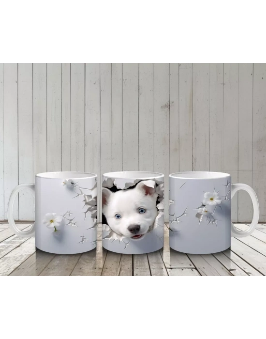 Beyaz Çiçekli Fon Üzerinde Sevimli Yavru – Baskılı Kahve Kupası