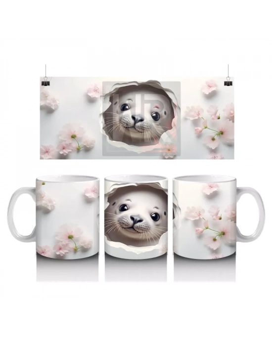 Beyaz Çiçekli Fon Üzerinde Şirin Su Samuru – Baskılı Kahve Kupası