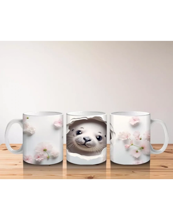 Beyaz Çiçekli Fon Üzerinde Şirin Su Samuru – Baskılı Kahve Kupası