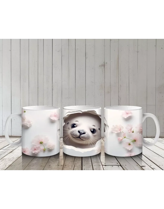 Beyaz Çiçekli Fon Üzerinde Şirin Su Samuru – Baskılı Kahve Kupası