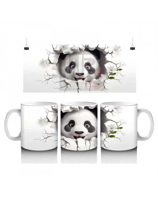 Beyaz Çiçekli Fon Üzerinde Tatlı Panda – Baskılı Kahve Kupası