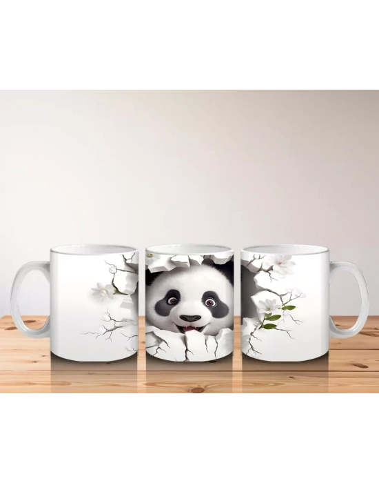 Beyaz Çiçekli Fon Üzerinde Tatlı Panda – Baskılı Kahve Kupası