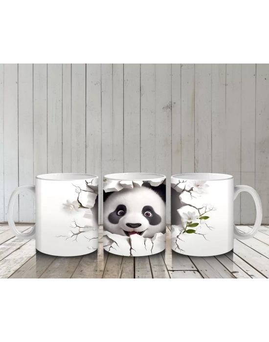 Beyaz Çiçekli Fon Üzerinde Tatlı Panda – Baskılı Kahve Kupası