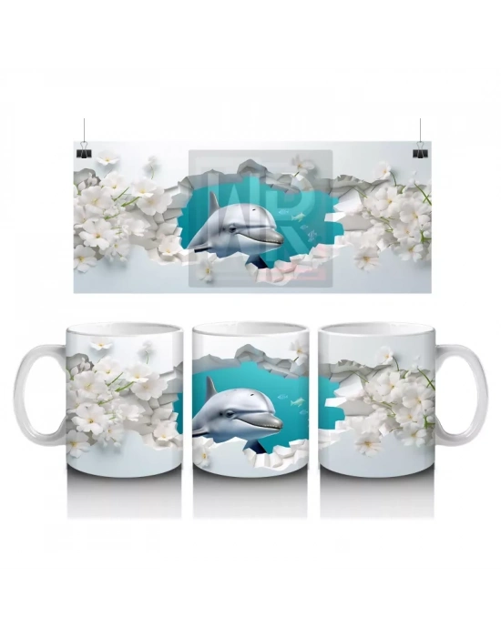 Beyaz Çiçekli Fon Üzerinde Zıplayan Yunus – Baskılı Kahve Kupası