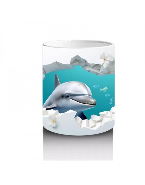 Beyaz Çiçekli Fon Üzerinde Zıplayan Yunus – Baskılı Kahve Kupası