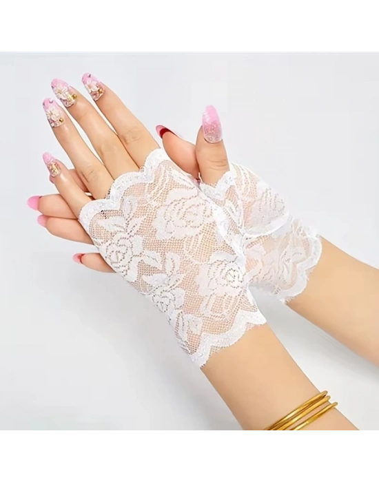 Beyaz Dantel Parmaksız Kısa Eldiven