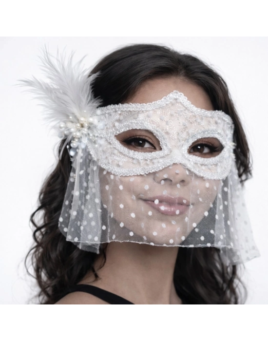 Beyaz Dantel Tüllü Peçeli Parti Maskesi – Tüylü İnci Detaylı