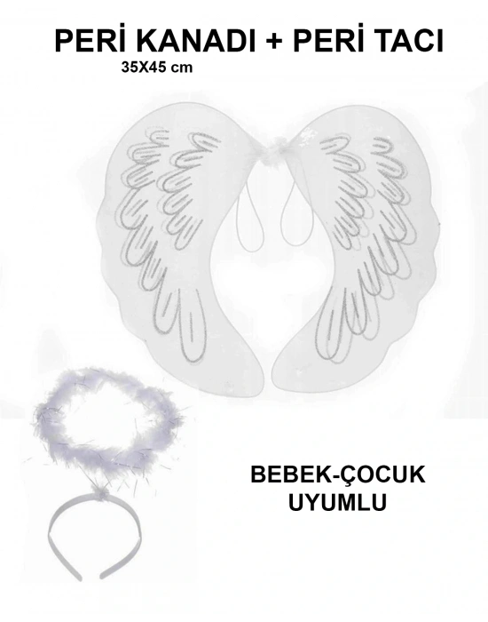Beyaz Dantel Tüllü Peri Kanadı Ve Peri Tacı Seti 45x40 Cm