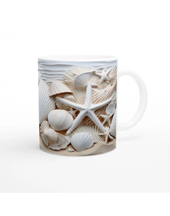 Beyaz Deniz Kabukları ve Deniz Yıldızlı Su Altı Temalı Kupa Bardak