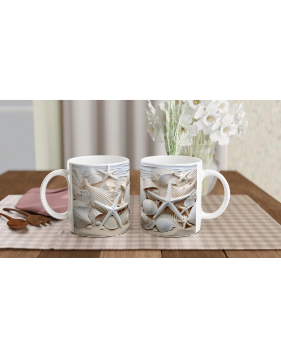 Beyaz Deniz Kabukları ve Deniz Yıldızlı Su Altı Temalı Kupa Bardak
