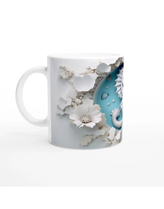 Beyaz Denizatı ve Çiçek Motifli Su Altı Temalı Kupa Bardak