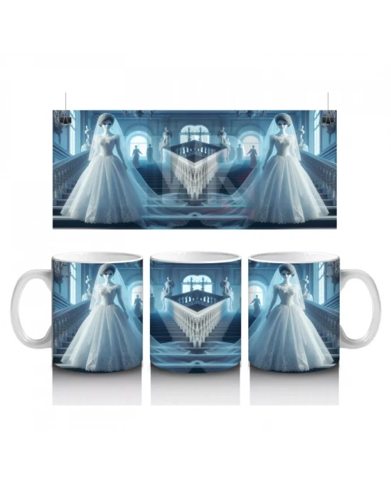 Beyaz Elbiseli Hayalet Gelin Figürlü Sisli Cadılar Bayramı Baskılı Kupa