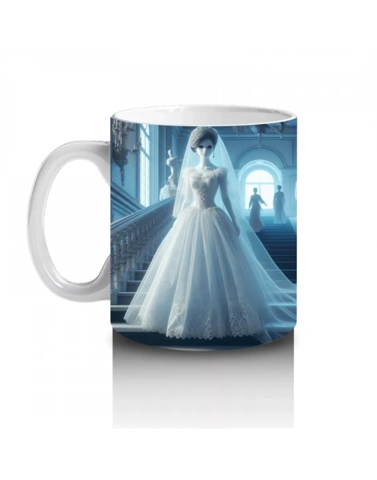 Beyaz Elbiseli Hayalet Gelin Figürlü Sisli Cadılar Bayramı Baskılı Kupa