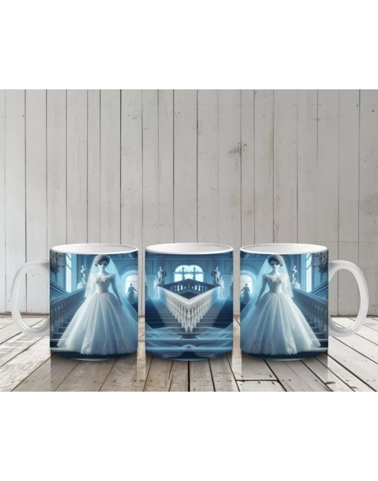 Beyaz Elbiseli Hayalet Gelin Figürlü Sisli Cadılar Bayramı Baskılı Kupa