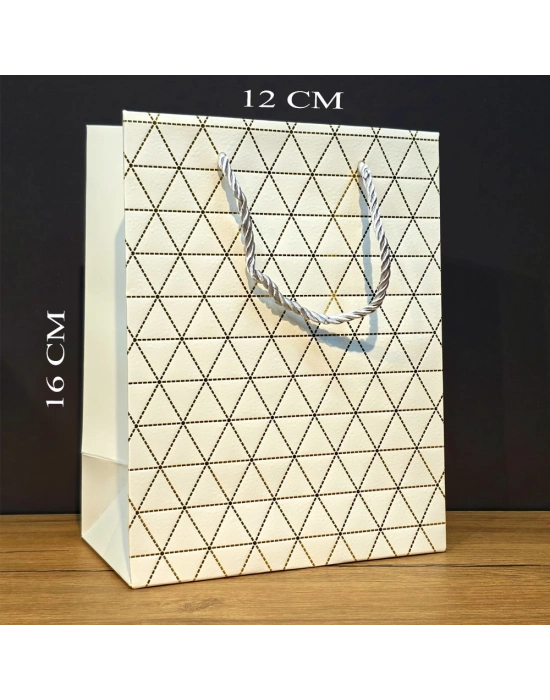 Beyaz Geometrik Desenli Mini Boy Karton Hediye Çantası