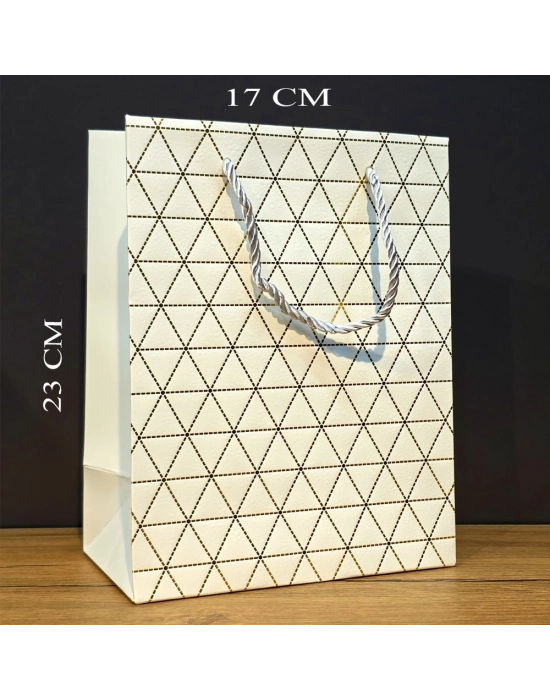 Beyaz Geometrik Desenli Orta Boy Karton Hediye Çantası