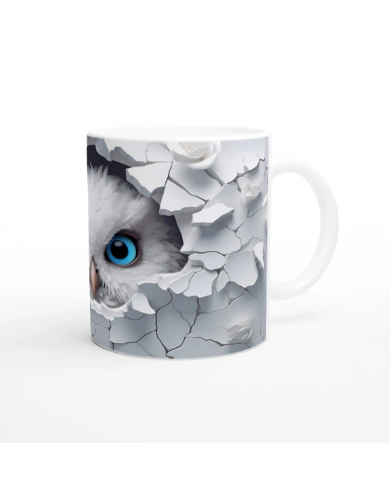 Beyaz Güller Arasında Mavi Gözlü Baykuş Temalı Baskılı Kupa Bardak