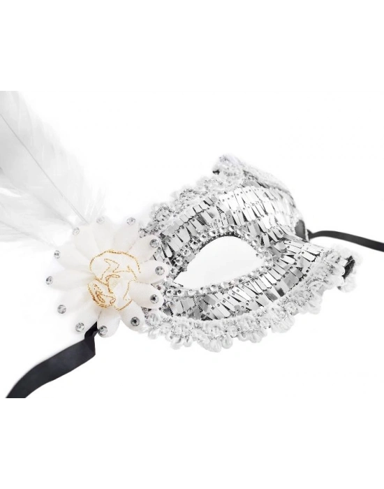Beyaz Gümüş Tüylü Parti Maskesi