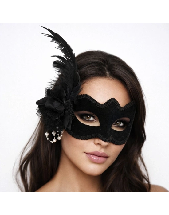 Beyaz İnci Detaylı Siyah Süet Venedik Kadın Maskesi Tüylü Güllü