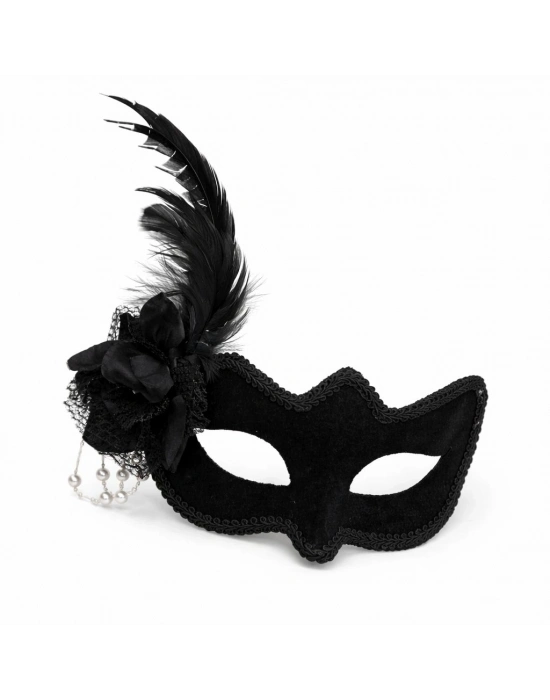 Beyaz İnci Detaylı Siyah Süet Venedik Kadın Maskesi Tüylü Güllü