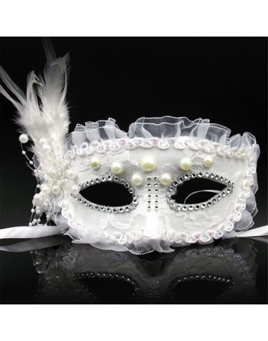 Beyaz İnci Taşlı Parti Maskesi