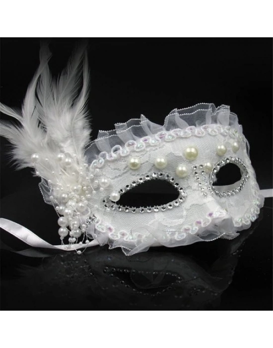 Beyaz İnci Taşlı Parti Maskesi