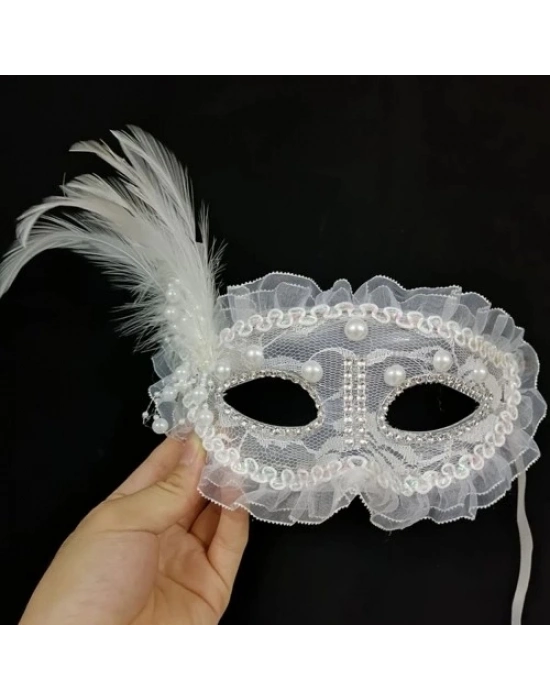 Beyaz İnci Taşlı Parti Maskesi