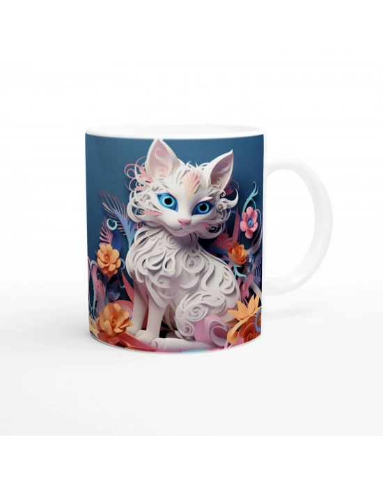 Beyaz Kedi Baskılı Kupa Bardak