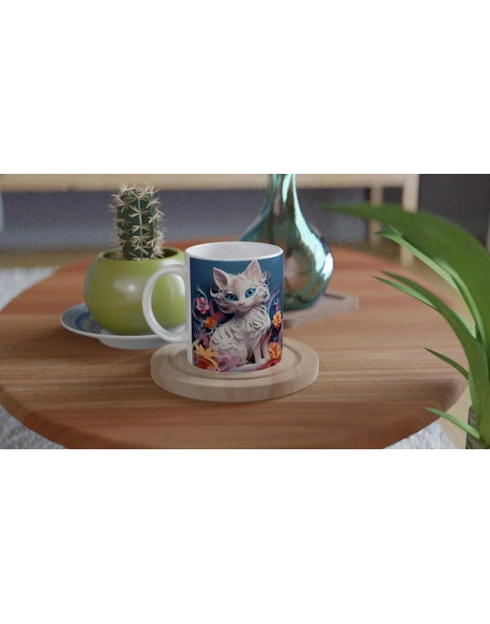 Beyaz Kedi Baskılı Kupa Bardak