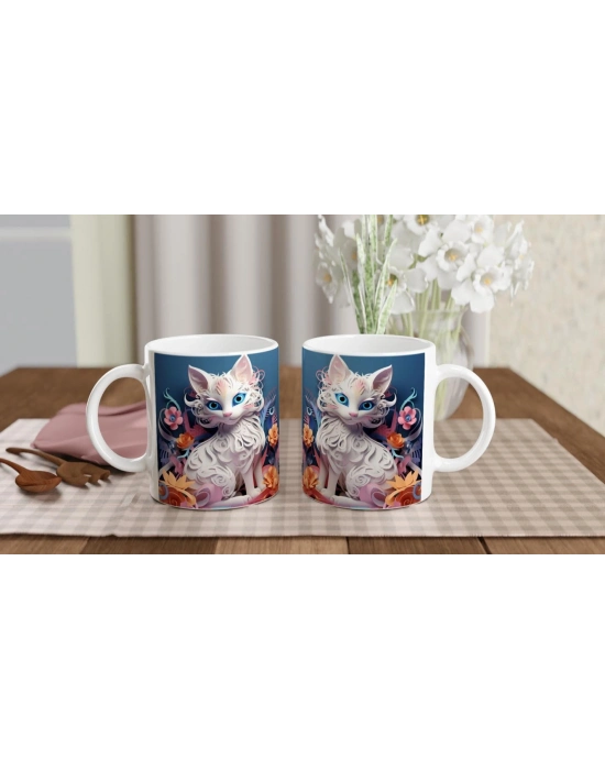 Beyaz Kedi Baskılı Kupa Bardak