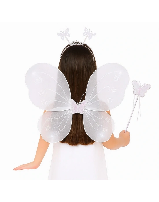 Beyaz Kelebek Kız Seti – 50 Cm Kelebek Kanadı, Taç Ve Asa