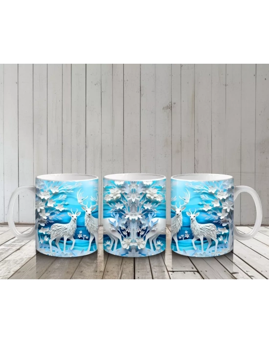 Beyaz Kuşlarla Süslenmiş Buz Mavisi Çiçek Bahçesi – Baskılı Kahve Kupası