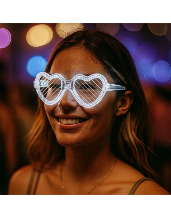 Beyaz Led Işıklı Kalp Gözlük – 3 Modlu Parti & Glow Gözlüğü