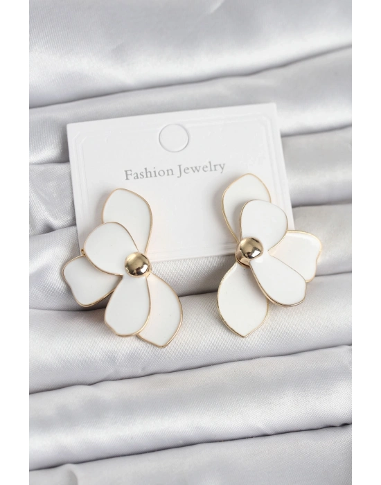 Beyaz Mineli Lotus Model Pirinç Kadın Küpe