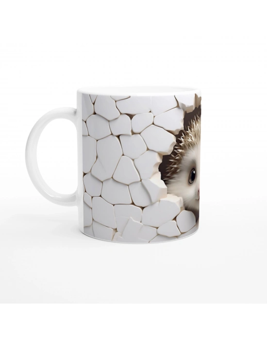 Beyaz Mozaik Duvardan Bakan Kirpi Temalı Baskılı Kupa Bardak