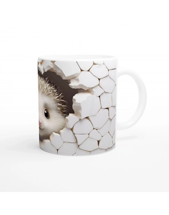 Beyaz Mozaik Duvardan Bakan Kirpi Temalı Baskılı Kupa Bardak