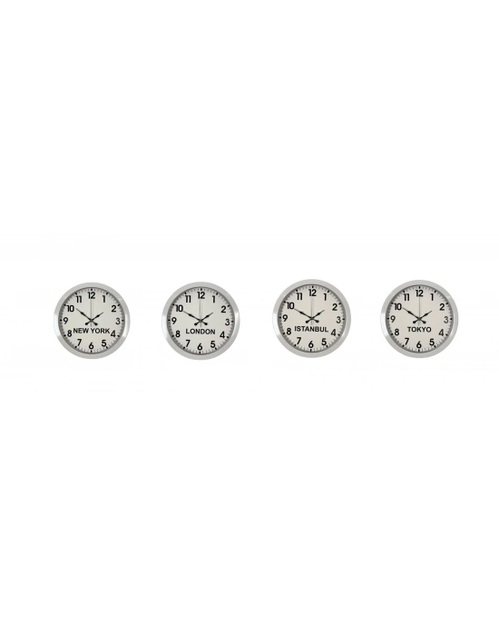 Beyaz Premium Set 4’lü Metal 36 cm Dünya Duvar Saatleri