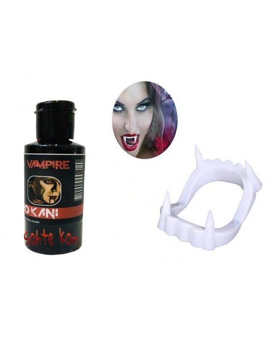 Beyaz Renk Çift Damak Takma Vampir Dişi Ve 50 Gr Tiyatro Kanı
