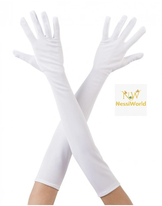 Beyaz Renk Dirseğe Kadar Uzun Kumaş Eldiven 40 cm