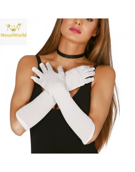 Beyaz Renk Dirseğe Kadar Uzun Kumaş Eldiven 40 cm