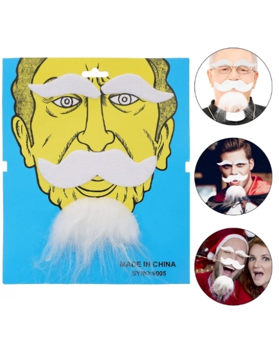 Beyaz Renk Kendinden Yapışkanlı Takma Sakal Bıyık Ve Kaş Seti