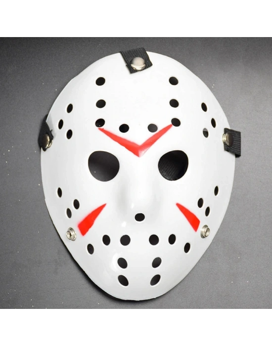 Beyaz Renk Kırmızı Çizgili Tam Yüz Hokey Jason Maskesi Hannibal Maskesi