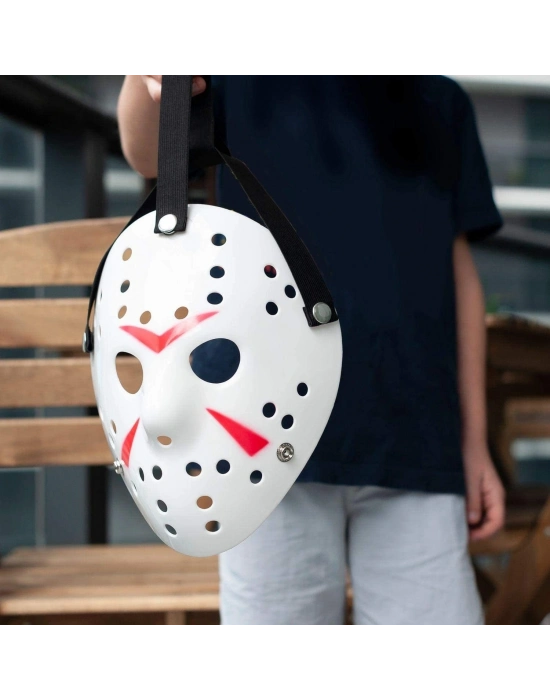 Beyaz Renk Kırmızı Çizgili Tam Yüz Hokey Jason Maskesi Hannibal Maskesi