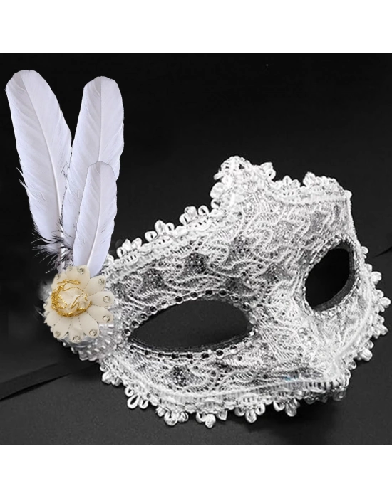 Beyaz Renk Tüylü Dantelli Taşlı Balo Maskesi