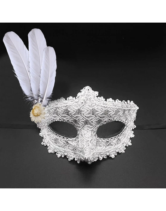 Beyaz Renk Tüylü Dantelli Taşlı Balo Maskesi