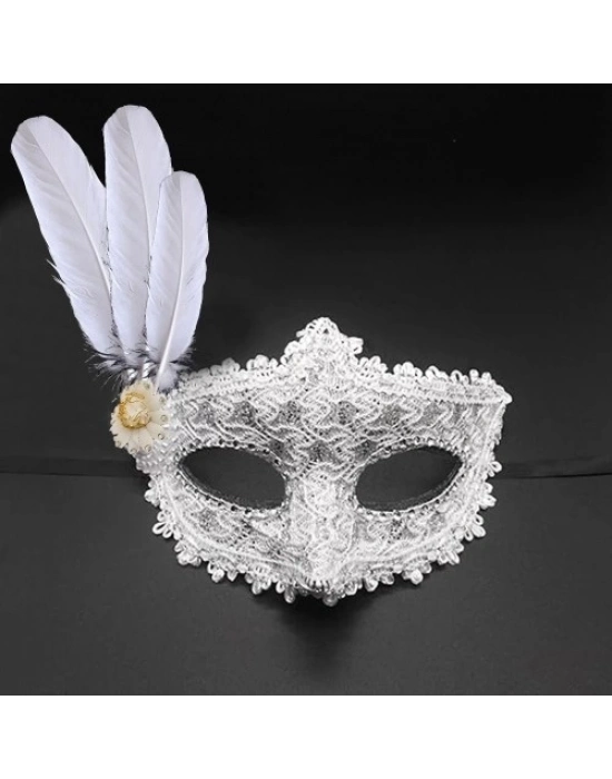 Beyaz Renk Tüylü Dantelli Taşlı Balo Maskesi